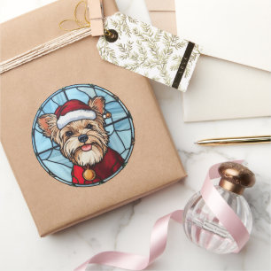 Yorkshire Terrier Stached Glass jul Runt Klistermärke