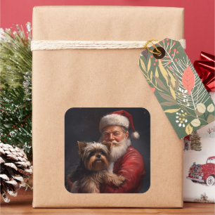 Yorkshire Terrier Tomte Festiv Jul Fyrkantigt Klistermärke