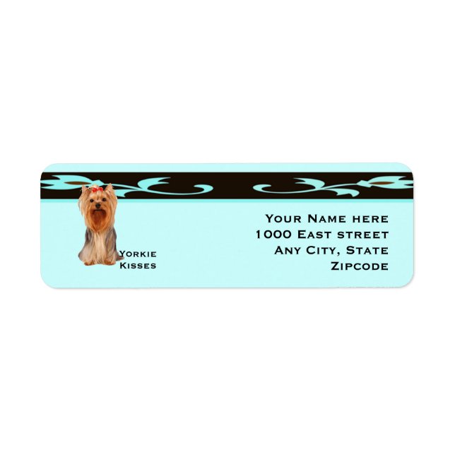 Yorkshire Terrier, Turquise & Black Design Returadress Etikett (Framsidan)