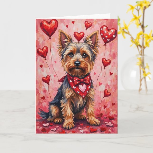 Yorkshire Terrier Valentine Dog Sitting with Heart Kort (Gul blomma)