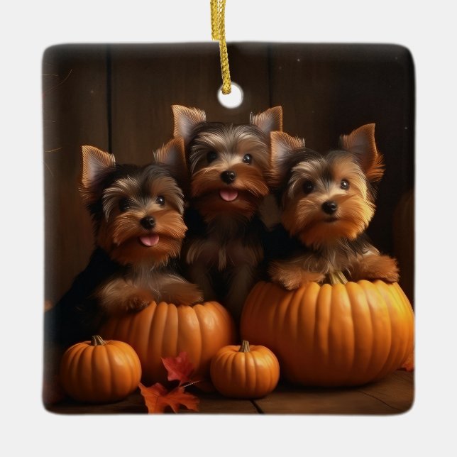 Yorkshire Terrier Valp Höstglädje Pumpa Julgransprydnad Keramik (Framsida)