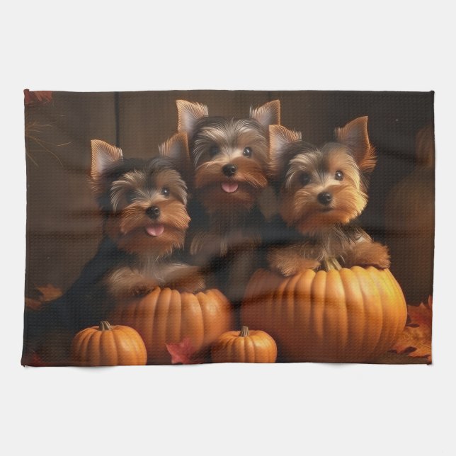 Yorkshire Terrier Valp Höstglädje Pumpa Kökshandduk (Horisontell)