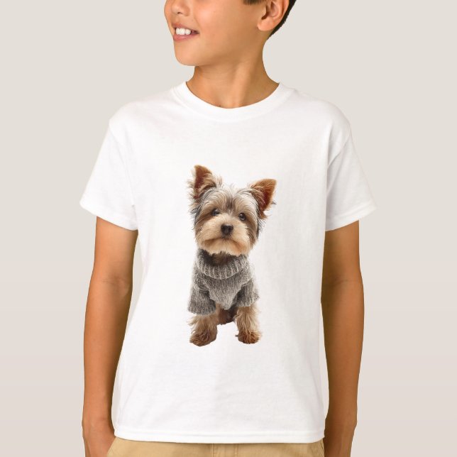 Yorkshire Terrier Valp i Grå Stickad Tröja Barn (Framsida)