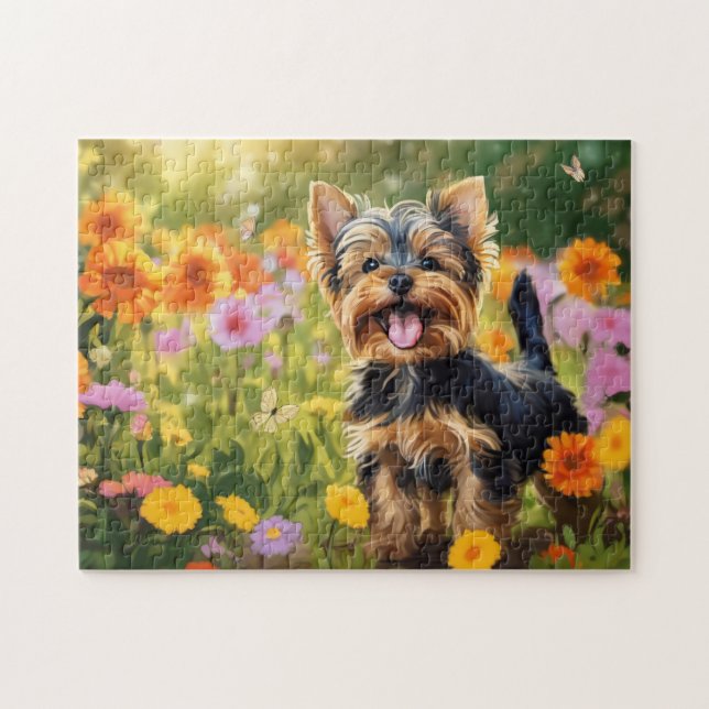 Yorkshire Terrier-Valpen i Flower Fält Pussel (Horisontell)