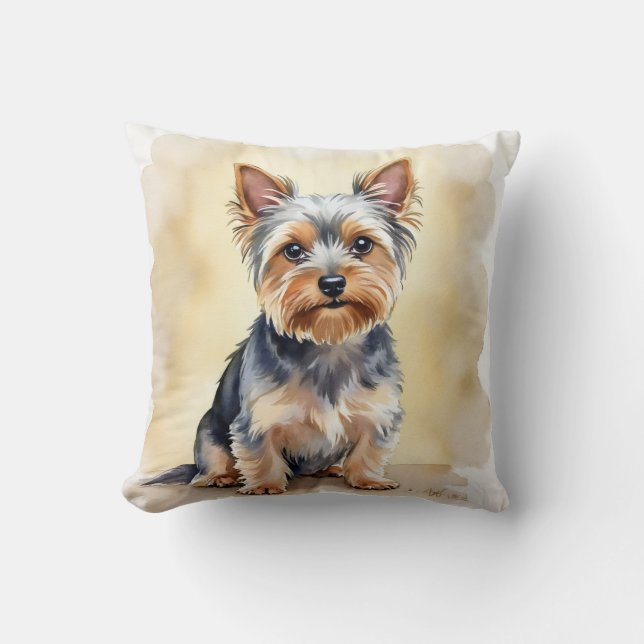 Yorkshire Terrier Vattenfärg Satin Flöde Konst Kudde (Framsida)