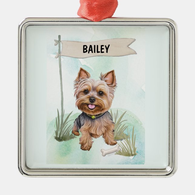 Yorkshire Terrier Watercolor Personalized Dog Julgransprydnad Metall (Framsidan)