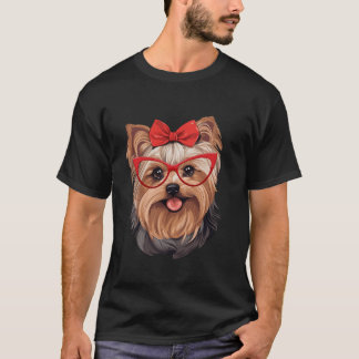 Yorkshire Terrier Wearing Red Glasses and Headband T Shirt