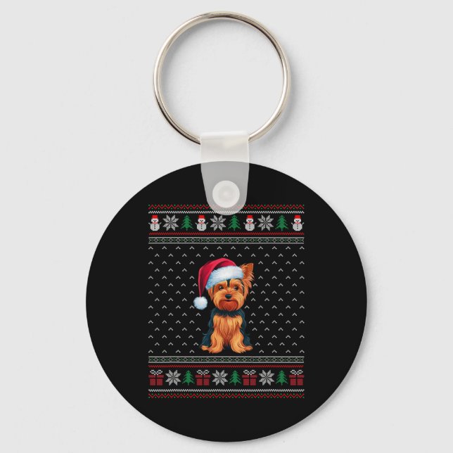 Yorkshire Terrier Wearing Santa Hat Ugly Julafton  Nyckelring (Framsida)