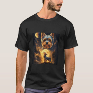 Yorkshire Terrier ylar mot månen Skog Natt T Shirt
