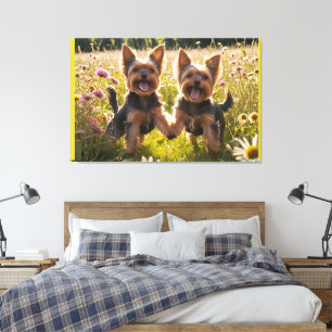 Yorkshire Terriers spelar i Grass Canvastryck