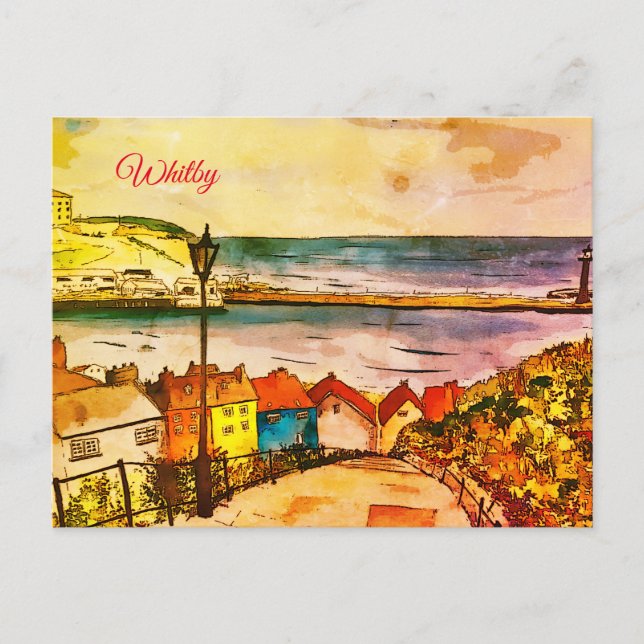 Yorkshire Whitby 1999 Steps original Art Postcard Vykort (Framsida)