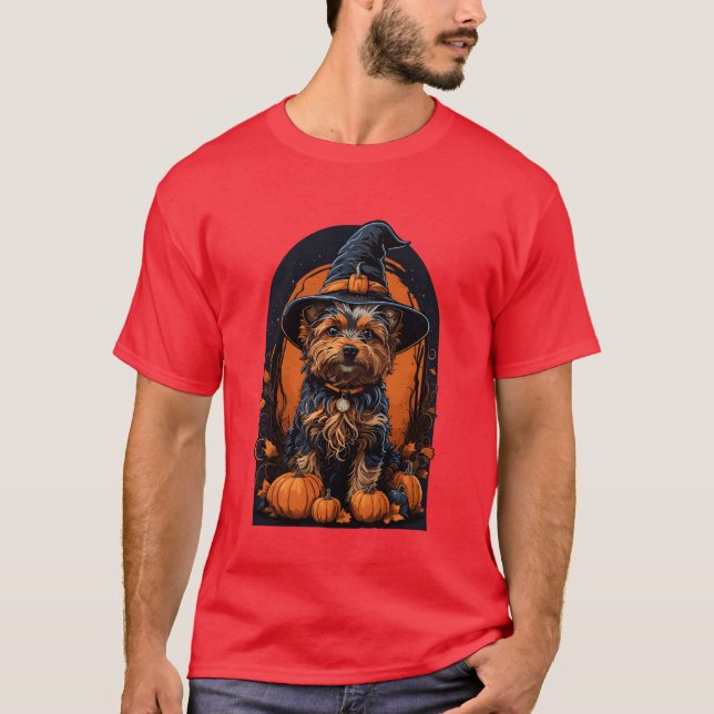 Yorkshireerrier med Witch Hat Halloween-gåva T Shirt (Framsida)