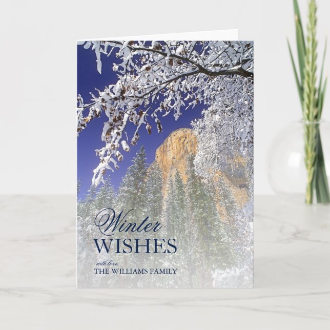 Yosemite inramade vid snö-täckte svart oaks helgkort (Framsida)