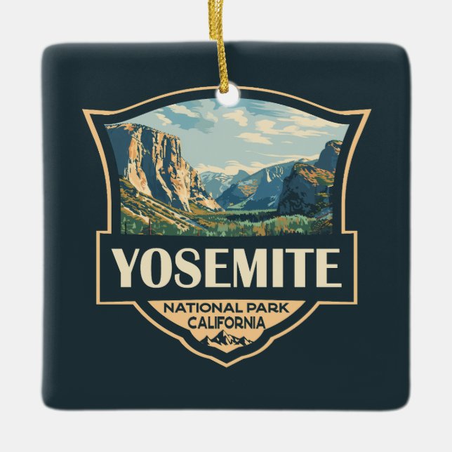Yosemite National Park Illustration Retro Badge Julgransprydnad Keramik (Framsida)