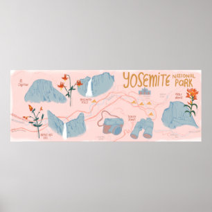 Yosemite National Park Karta Illustration Rosa Poster