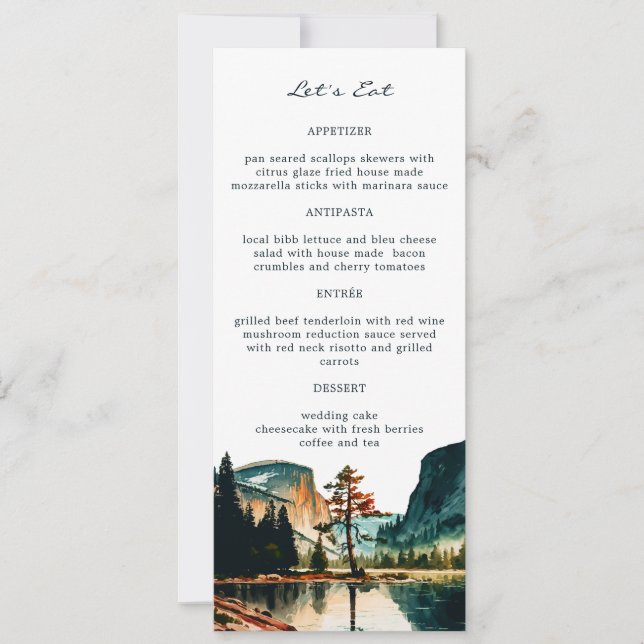 Yosemite National Park Watercolor Bröllop Menus Inbjudningar (Framsida)