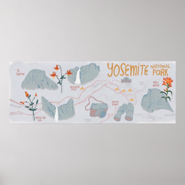 Yosemite nationalpark Karta Illustration Grått Poster (Framsidan)