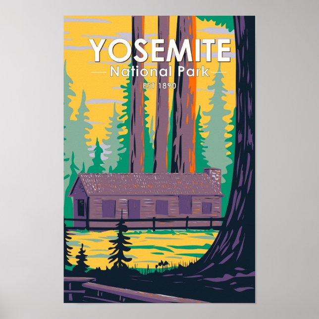 Yosemite nationalpark Mariposa Grove Cabin Retro Poster (Framsidan)