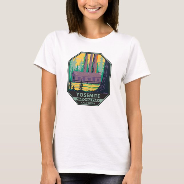 Yosemite nationalpark Mariposa Grove Cabin Retro T Shirt (Framsida)