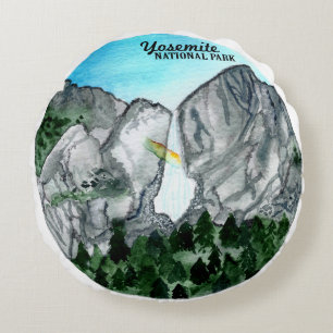 Yosemite nationalparkvattenfärg rund kudde