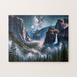 Yosemite Waterfall Moonlit Mountain Landscape Pussel