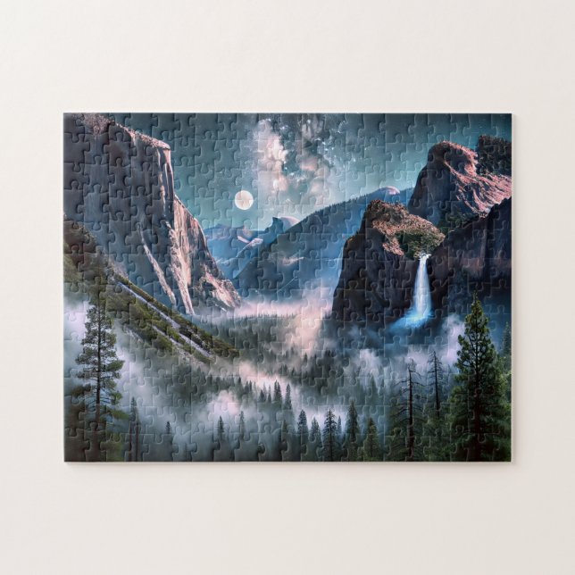 Yosemite Waterfall Moonlit Mountain Landscape Pussel (Horisontell)