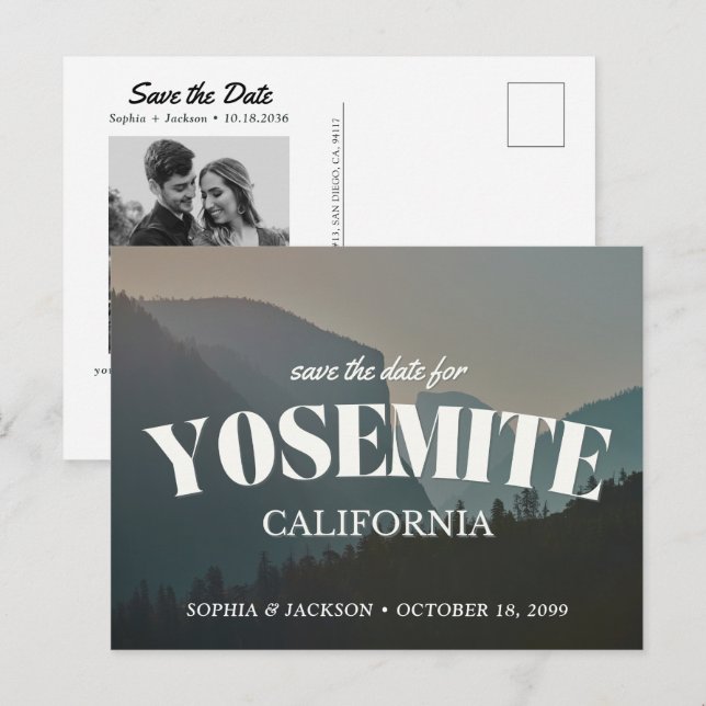 Yosemite Wedding Save the Date Retro Postcard Vykort (Fram/baksida)
