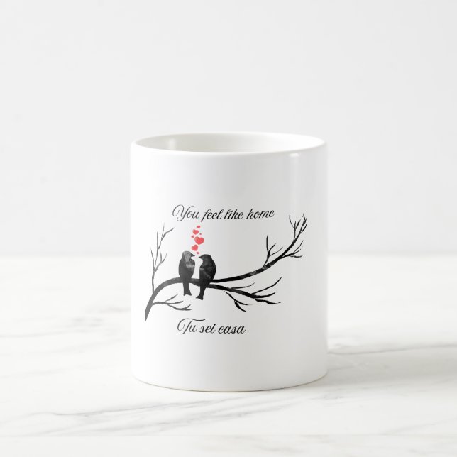 You Feel Like Home Romantic Birds Bilingual Quote Kaffemugg (Center)