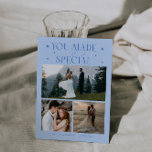 You Made It Special Wedding Photo Icy Blue Tack Kort<br><div class="desc">Whimsical and elegant wedding thank you card featuring 3 wedding photos with a typography text that says "you made it special" with stars. Message on the back of the card is editable and another picture can be added as well. This 2-sided thank you card is so timelessly stylish. The background...</div>