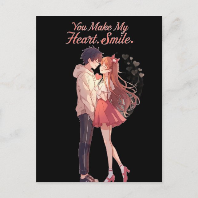 You Make My Heart Smile Anime Couple T-Shirt Vykort (Framsida)