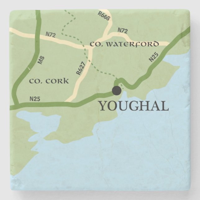 Youghal County Kork Ireland Road Karta Underlägg Sten (Framsidan)