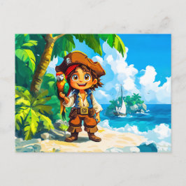 Young Adventurer på Treasure Island med en papegoj Vykort