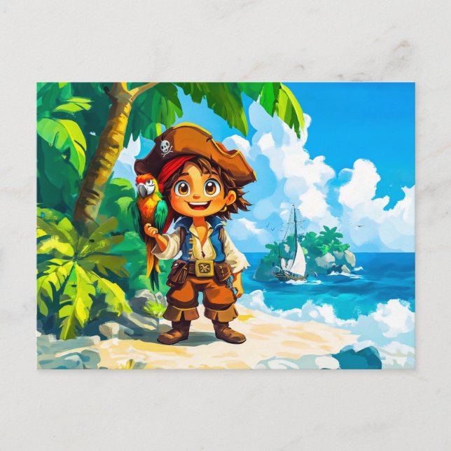 Young Adventurer på Treasure Island med en papegoj Vykort (Framsida)