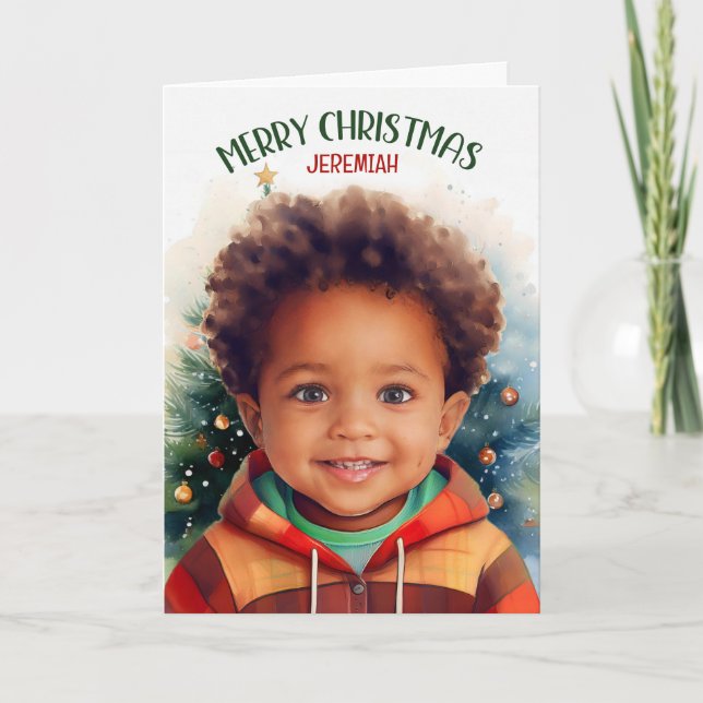 Young African American Boy med Namn-jul Helgkort (Framsida)