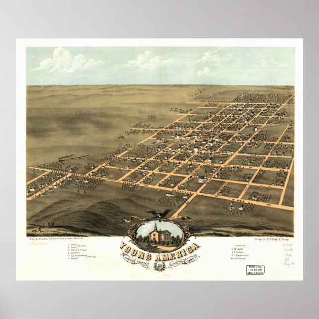 Young America Illinois 1869 Antique Panoramic Kart Poster (Framsidan)