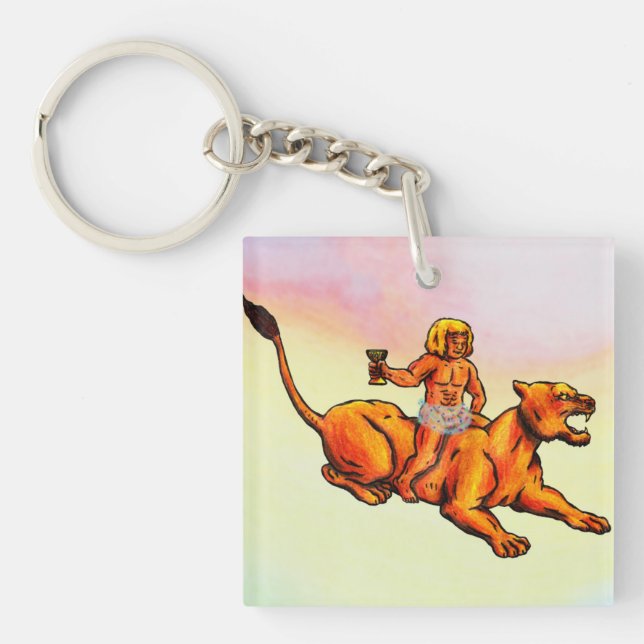 Young Bacchus rider en leoness och dricker vin (Framsidan)