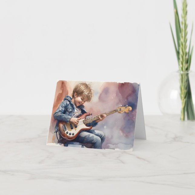 Young Boy Bass Watercolor Illustration Blank Kort (Framsida)