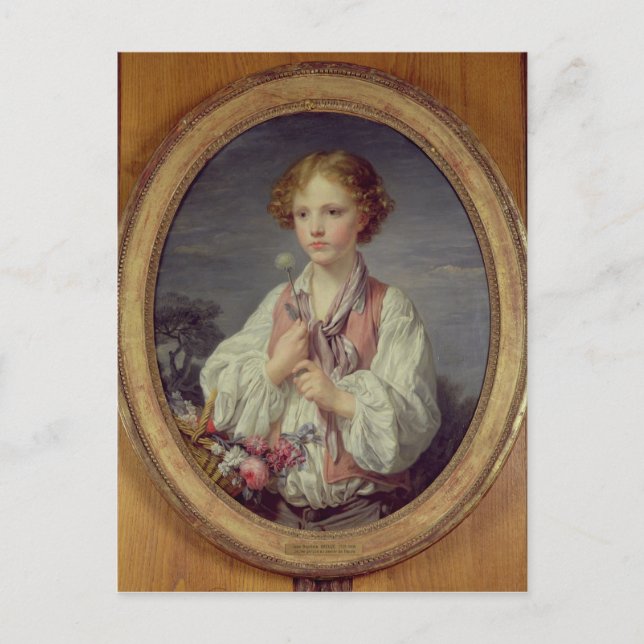 Young Boy med Basket i Flowers Vykort (Framsida)