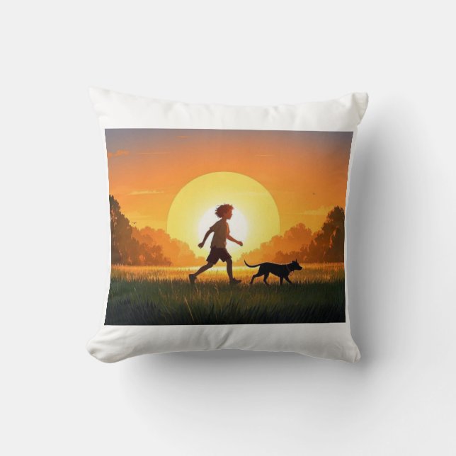 Young Boy med hund vid sunset Kudde (Framsida)
