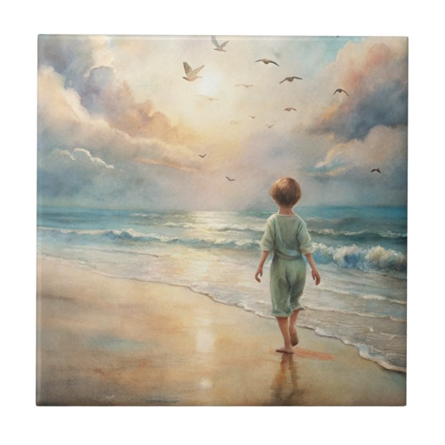 Young Boy på Beach Kakelplatta (Framsidan)