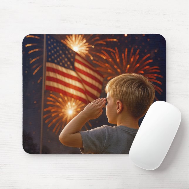 Young Boy Saluting the American Flagga Musmatta (Med mus)