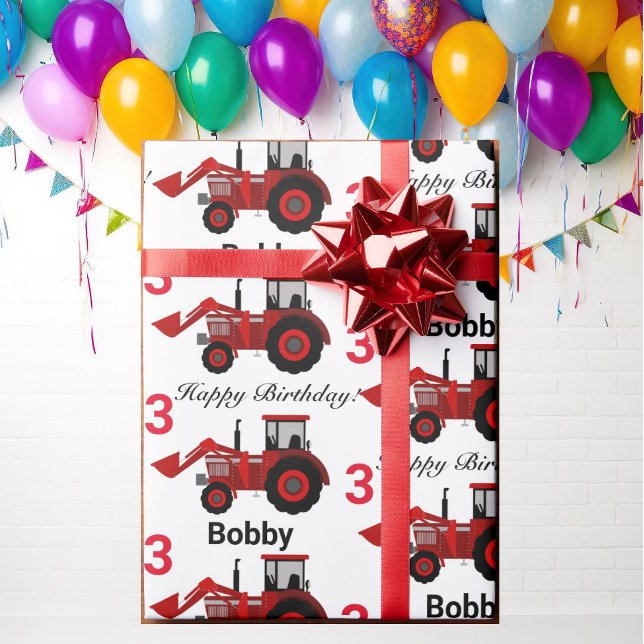 Young Boys Red Loader Tractor Namn n Age Birthday Presentpapper (Skapare uppladdad)