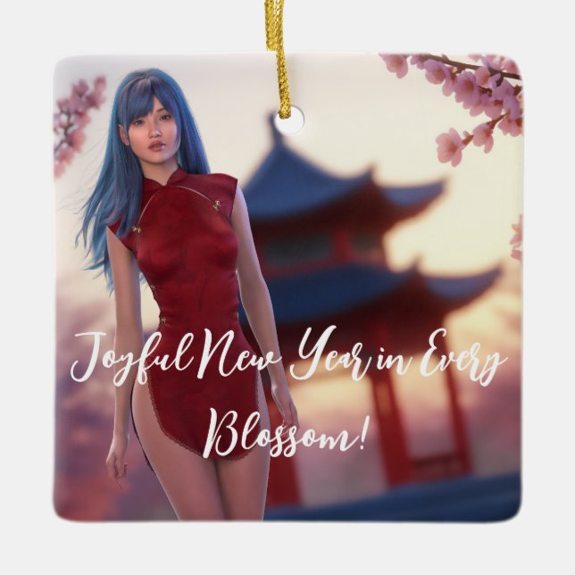 Young Cheongsam Beauty Posing for Chinese New Year Julgransprydnad Keramik (Framsida)