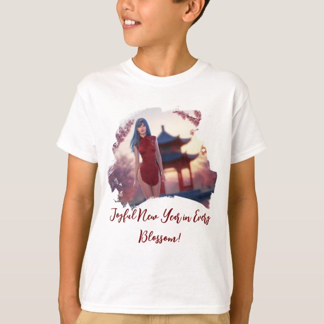 Young Cheongsam Beauty Posing for Chinese New Year T Shirt (Framsida)