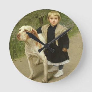 Young Child och a Big Hund (olja på canvas) Rund Klocka