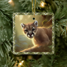 Young Cougar Wildlife Porträtt Personlig Julgransprydnad Keramik