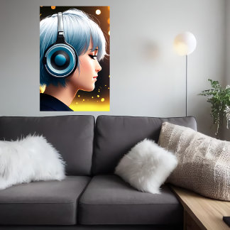 Young dam lyssnar på musik | AI Art Poster