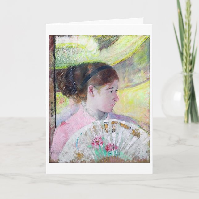 Young Dam med japanskt Fläkt, Mary Cassatt Kort (Framsida)