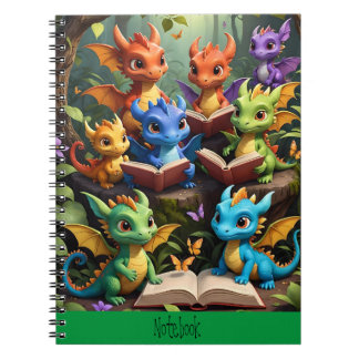 Young Dragons reading books on the Notebook Cover Anteckningsbok
