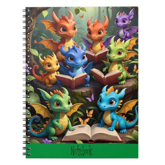 Young Dragons reading books on the Notebook Cover Anteckningsbok (Framsidan)